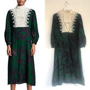 Zara Long Sleeve Leaf Print Crochet Linen Dress